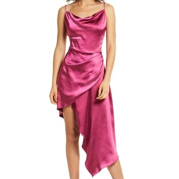 ELLIATT Revolve Jacinda Berry Pink Satin Drape Faux-Wrap Asymmetrical Midi Dress - Picture 1 of 14